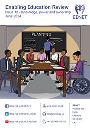 Cover of EER 13 showing a seven people sitting at a table and one person taking notes at the black board.