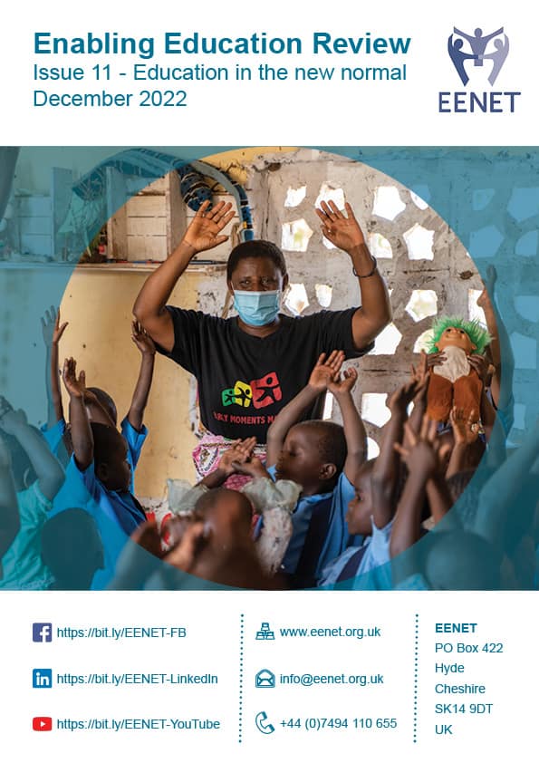 Cover of Enabling Education Review about Education in the New Normal. The cover picture shows a teacher raising both her arms over her head. Children standing in front of her are doing the same.